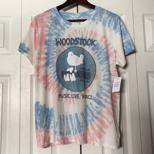 NWT Woodstock x Lucky Brand Pastel Tie Dye 60s Hippie Music Festival Graphic Tee